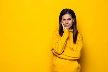 Portrait of positive cheerful girl look copyspace think thoughts about perfect weekend touch chin...