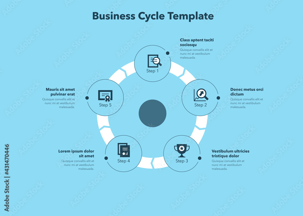 Poster Simple concept for business cycle diagram with five steps and place for your description - blue version. Flat infographic design template for website or presentation.