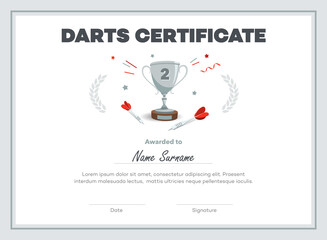 Second place darts certificate diploma with place for your content. Isolated on white background.