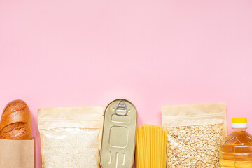 Food delivery. Donation, coronavirus quarantine. Flat lay. Background