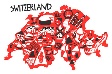Vector hand drawn stylized map of Switzerland landmarks. Travel illustration. Geography illustration. Europe map element - obrazy, fototapety, plakaty