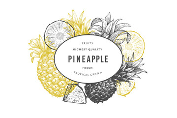 Hand drawn sketch style pineapple banner. Organic fresh fruit vector illustration. Engraved style botanical design template.