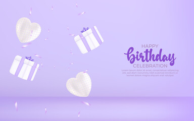 Happy birthday greeting card with realistic gift box, confetti. 3d illustration