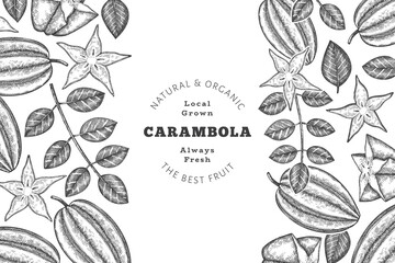 Hand drawn sketch style carambola banner. Organic fresh fruit vector illustration. Retro fruit design template