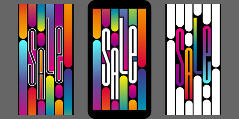 3 fonds colorés artistiques au format d’un Smartphone pour annoncer les soldes - texte anglais.
