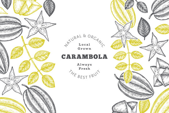Hand drawn sketch style carambola banner. Organic fresh fruit vector illustration. Retro fruit design template