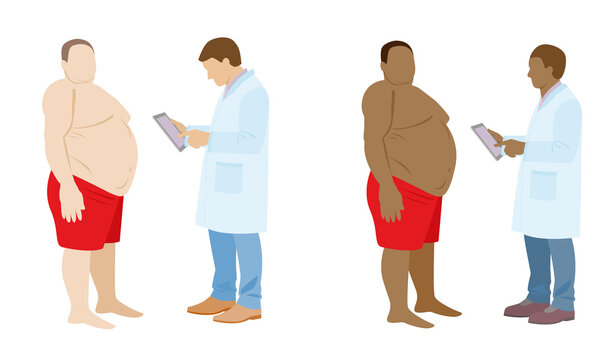 black doctor and fat patient. the doctor examines the obese patient. fat black man. stock vector illustration on white.