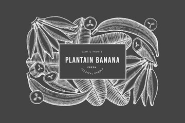 Hand drawn sketch style plantain banner. Organic fresh fruit vector illustration on chalk board. Retro exotic banana fruit design template - obrazy, fototapety, plakaty