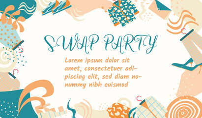 Naklejka premium Swap party concept. Eco friendly party, exchange clothes, shoes and accessories. Vector illustration for banner, poster, layout,flyer, invitation, advert