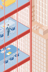 View of the office building and the city. Isometric cityscape, city view, city skyline. Woman looking out the window. Businesswoman. Vector illustration in flat design. People at work. 
