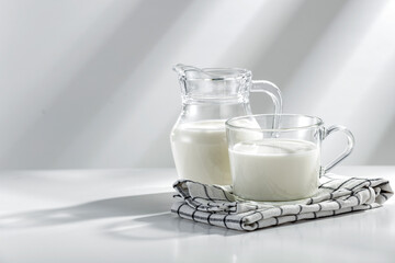Natural milk in a glass vessel on a white background and a table in the morning sun 