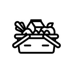 Grocery basket, shopping at the supermarket, Full box of fresh food. Black linear icon with editable stroke on white background