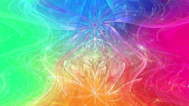 Rainbow color changing abstract fractal background with intricate interconnected psychedelic space flowers with a major large flower in the middle, all slowly moving and rippling
