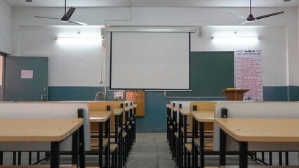 Classroom without student, interior of row empty school in India