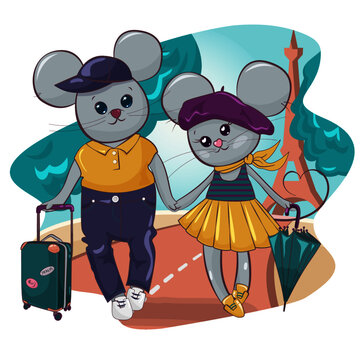 Vector illustration of a hand-drawn pair of travelers mice. Sticker with gray cartoon mice in love. Friends boy and girl on a walk in the park illustration