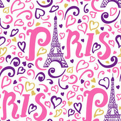 Seamless pattern Paris. Modern hand drawing pink color surface design for girls. Vector illustration doodle ink Eiffel Tower with hearts is isolated on a white background - 431474092