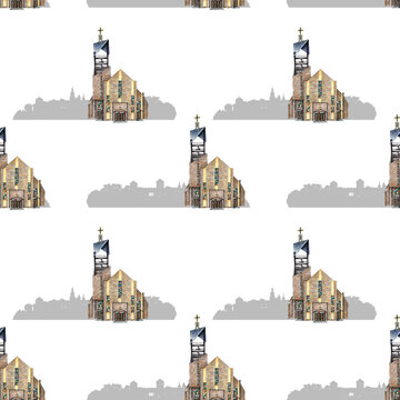 Set of images of buildings with church on white background.  Seamless pattern.