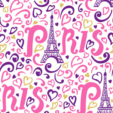 Seamless pattern Paris. Modern hand drawing pink color surface design for girls. Vector illustration doodle ink Eiffel Tower with hearts is isolated on a white background