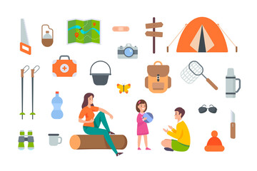 Tourist equipment and hiking accessories on white background. Camping elements kit for outdoor adventure. Flat vector icons collection on white background. Tent, backpack, map, first aid, binoculars