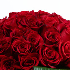 Bouquet of red roses with orange bow.