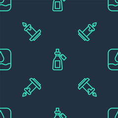 Set line Essential oil bottle, Aroma candle and Water drop on seamless pattern. Vector