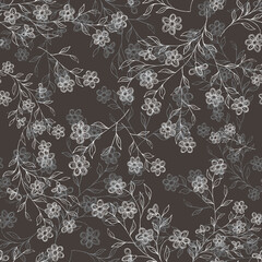 Seamless pattern with graphic flowers on dark background. 