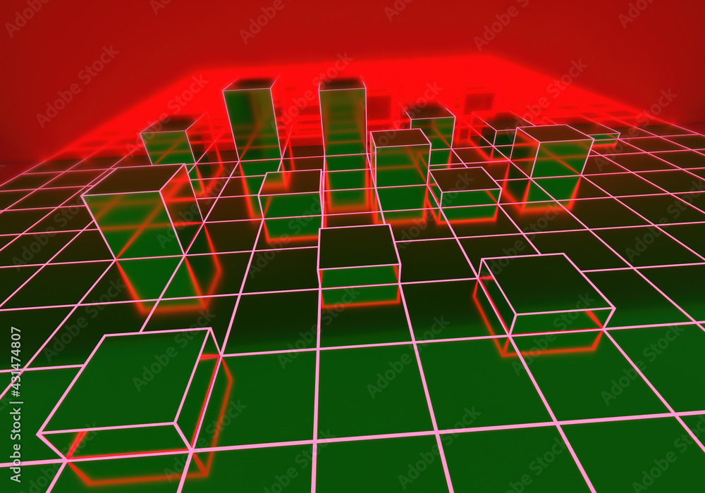 Poster a graphical representation of a large city. 3d layout of a city block. houses in the form of rectang