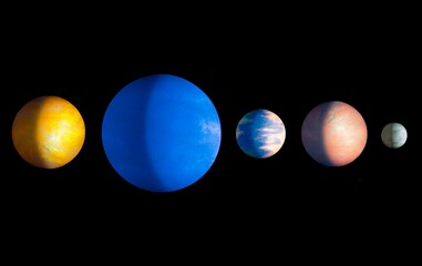 planetary system, exoplanets in space, planets from alien star 3d illustration.