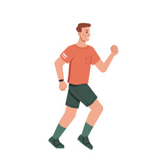 Running jogging man in casual cloth isolated flat cartoon character. Vector side view of guy with band tracker on hand. Sport trainings, sportive jogger in uniform, run workout, cardio motion exercise