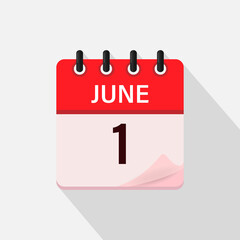 June 1, Calendar icon with shadow. Day, month. Flat vector illustration.