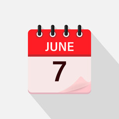June 7, Calendar icon with shadow. Day, month. Flat vector illustration.