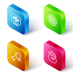 Set Isometric line Bee, Flower, Honeycomb and hand and Jar of honey icon. Vector