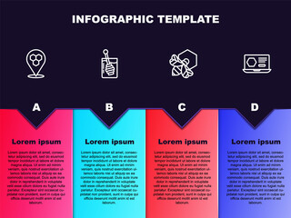 Set line Honeycomb bee location, dipper stick, Bee and honeycomb and online service. Business infographic template. Vector