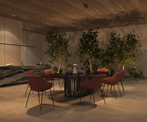 Elegant and luxury open kitchen and dining room with night lighting, green plants - trees, marble island, table, stone floor, wooden ceiling. 3d rendering illustration bright interior apartment.