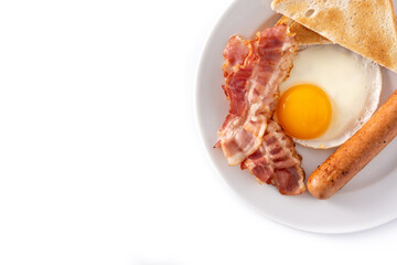 Traditional American breakfast with fried egg,toast,bacon and sausage isolated on white background....