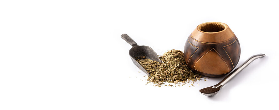 Yerba mate tea isolated on white background. Panorama view with copy space