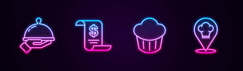 Set line Covered with tray of food, Paper or financial check, Cupcake and Chef hat location. Glowing neon icon. Vector