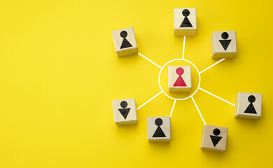 wooden cubes with little men on a yellow background. The concept of the structure of the company...