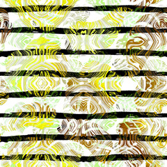 Abstract Seamless Tropical Pattern. Palm Leaves and Stripes Background. Monstera Illustration with Marble Design. Hawaiian Print for Wrapping. Jungle Repeated Ornament with Monstera and Lines.