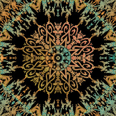 Tapestry seamless pattern. Vector ornamental textured background. Colorful floral vintage ornament in baroque style. Embroidered design. Grunge endless texture. Embroidery flowers, leaves, mandalas
