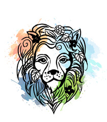 Lion graphic logo with floral elements. Raster illustration.