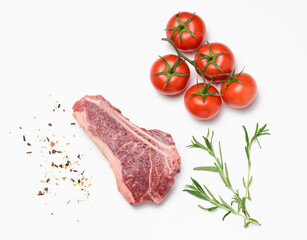 fresh raw piece of beef meat, striploin steakon white background, top view