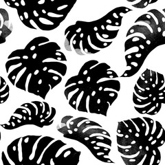 Watercolor Seamless Tropical Pattern. Hand Drawn Palm Leaves Background. Batic Monstera Illustration. Tropical Summer Beach Design. Hawaiian Print for Wrapping. Jungle Repeated Ornament.