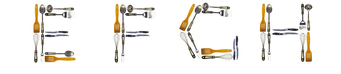 The letters E, F, G, H are made from kitchen utensils