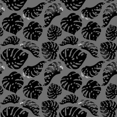 Watercolor Seamless Tropical Pattern. Hand Drawn Palm Leaves Background. Batic Monstera Illustration. Tropical Summer Beach Design. Hawaiian Print for Wrapping. Jungle Repeated Ornament.