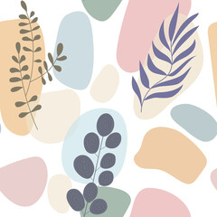 Seamless pattern with an abstract composition of simple shapes and lines. botanical elements of field grass and branches with leaves. Pastel earthy colors. Vector print for cover, print for clothing