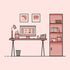 Working table flat design, Concept of working desk interior with furniture. Work room with computer, desktop, table, chair, book, and stationary equipment. Work from home cartoon illustration.