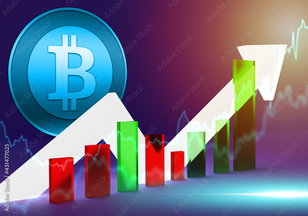 Poster dynamics of bitcoin quotes. a coin with a bitcoin sign and a chart. cryptocurrency market analytics.