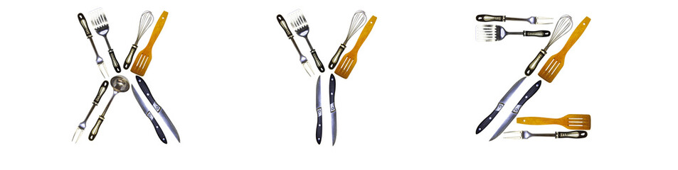 The letters X, Y, Z are made from kitchen utensils