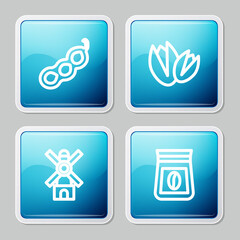 Set line Green peas, Pistachio nuts, Windmill and Bag of coffee beans icon. Vector